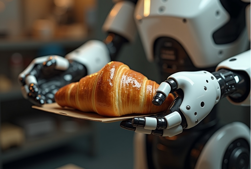 Ein humanoider Roboter serviert ein Croissant auf einem Tablett. Symbolbild zur Veranstaltung "Technologie & Croissant" der Digitalagentur Niedersachsen.next. Foto erstellt mit Hilfe von KI (neuroflash).