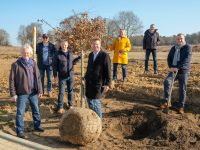 Sie pflanzten gemeinsam die erste Sumpf-Eiche (von links nach rechts): Jürgen Becker (Tutech Innovation GmbH), Ralf Verdieck (Verdieck-Stiftung), Bernhard von Ehren (Baumschule Lorenz von Ehren), Jens Wrede (WLH), Steffi Menge (Gymnasium am Kattenberge), Thomas Söller (Leiter Fachdienst StadtGrün, Buchholz i.d.N.), René Meyer (WLH). (c) WLH Wirtschaftsförderung im Landkreis Harburg GmbH / Foto: Bianca Augustin