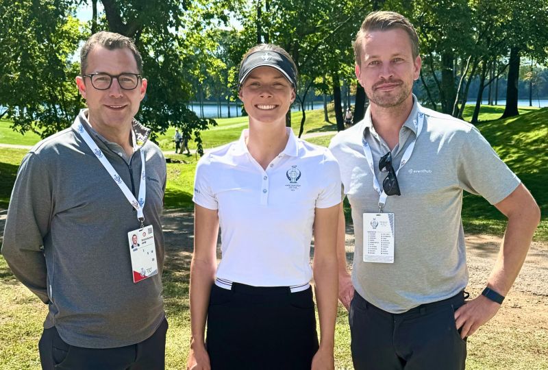 Hamburg trifft Hamburg beim Solheim Cup in den USA: Christian Szczensny (l.) und Hendrik Finger mit Esther Henseleit, der einzigen deutschen Proette im Team Europe mit Heimatclub „Hamburger GC – Falkenstein“. Foto: Eventhub